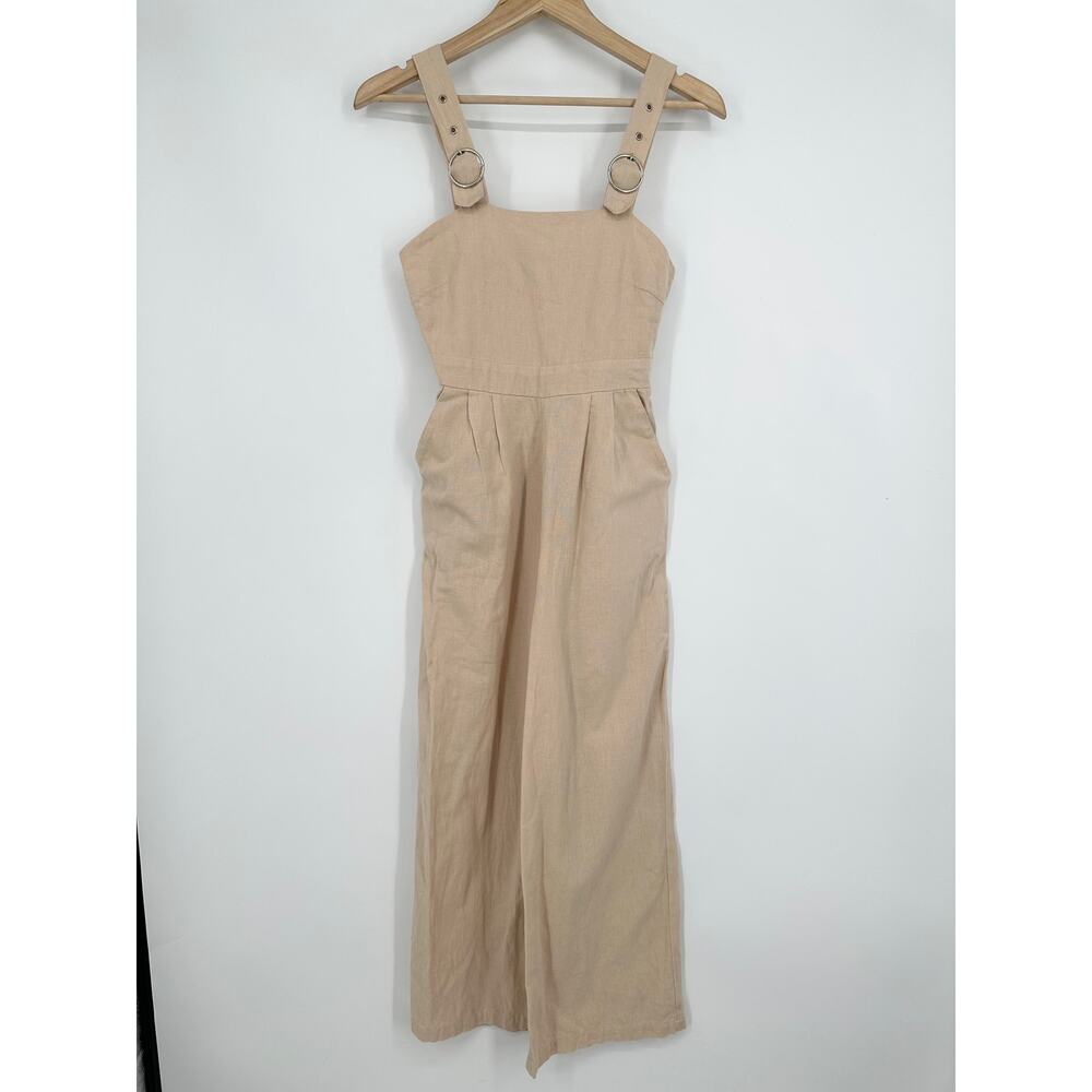 Japna Cotton Linen Wide Leg Jumpsuit Sleeveless Cropped Palazzo Overalls Tan